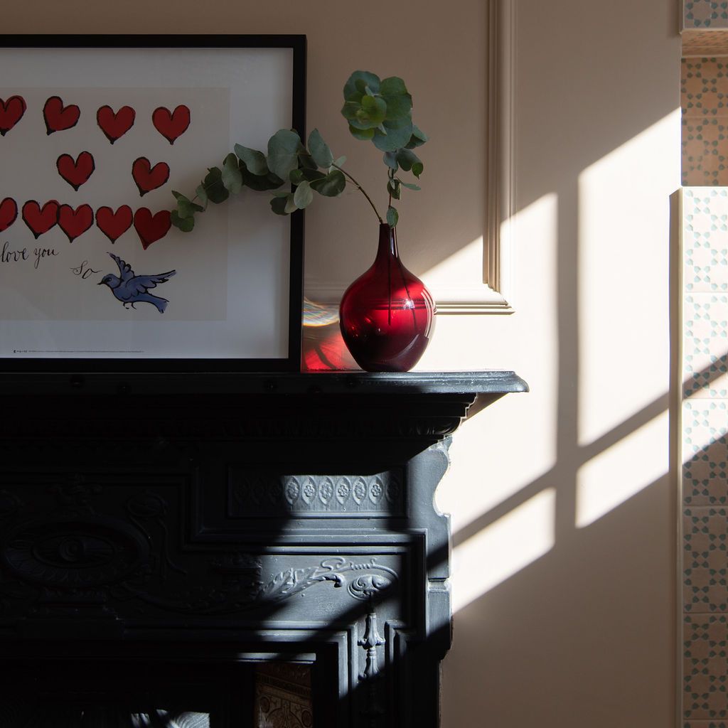 Plaster colour wall with French wall panel, casting dramatic shadows in sunlight. Vintage Ikea red glass vase over cast iron mantel.