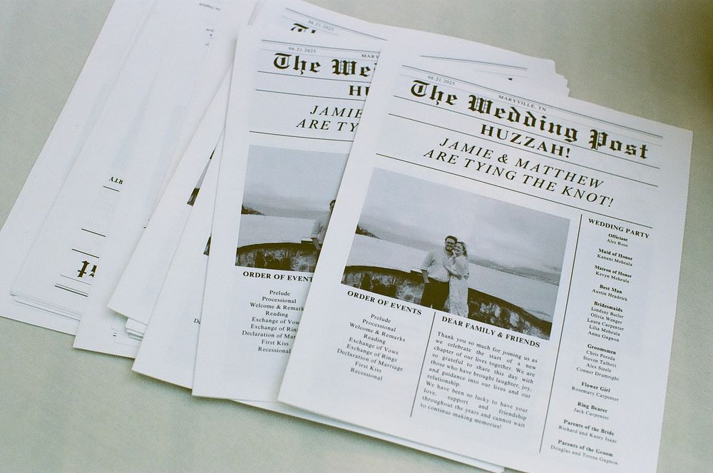 Wedding program newspapers laid out in a clean, minimalist design.