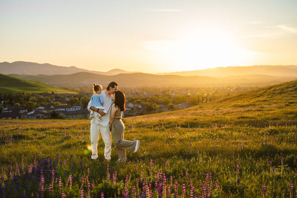 A couple walks hand in hand through a golden meadow at sunset with mountains in the background.