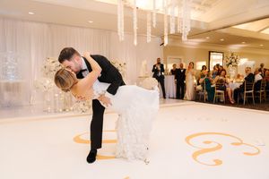 A sequence of dance moves performed on an illuminated white dance floor at a wedding reception.