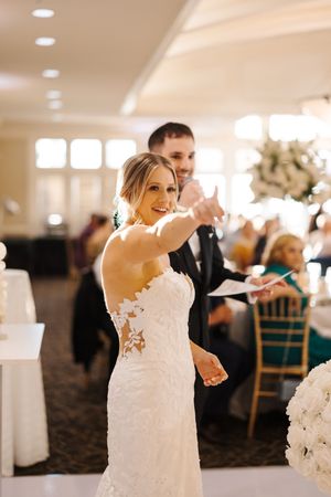 A sequence of wedding reception photos showing dancing and celebration in an elegant ballroom.