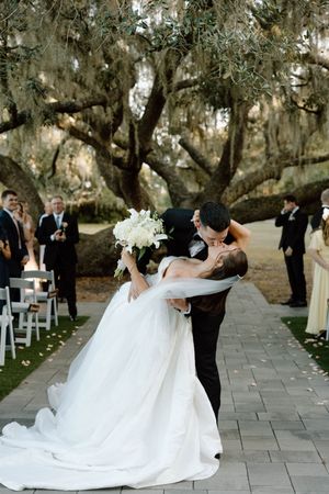 A romantic wedding sequence shows a couple dancing beneath Spanish moss-draped oak trees on a stone pathway.