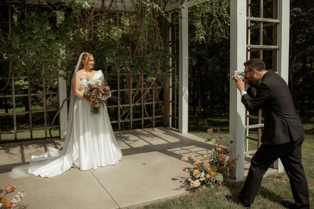 Sequence of wedding photos showing romantic moments between newlyweds in an elegant outdoor garden setting.