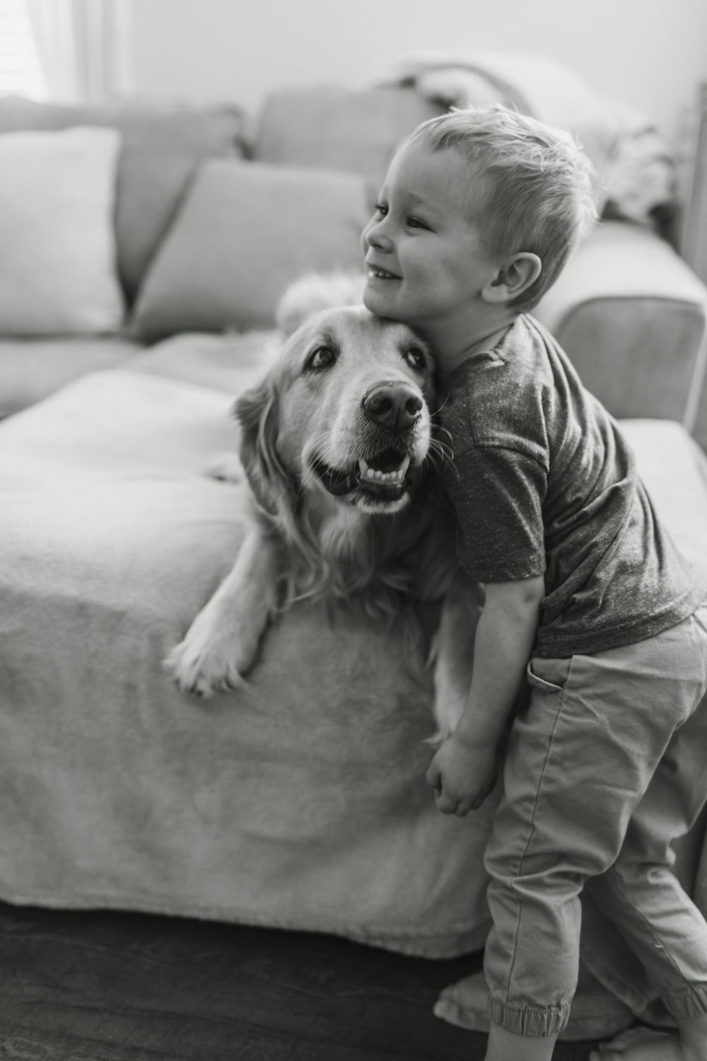 Black and white photos of a child and dog sharing joyful interactions on a sofa.