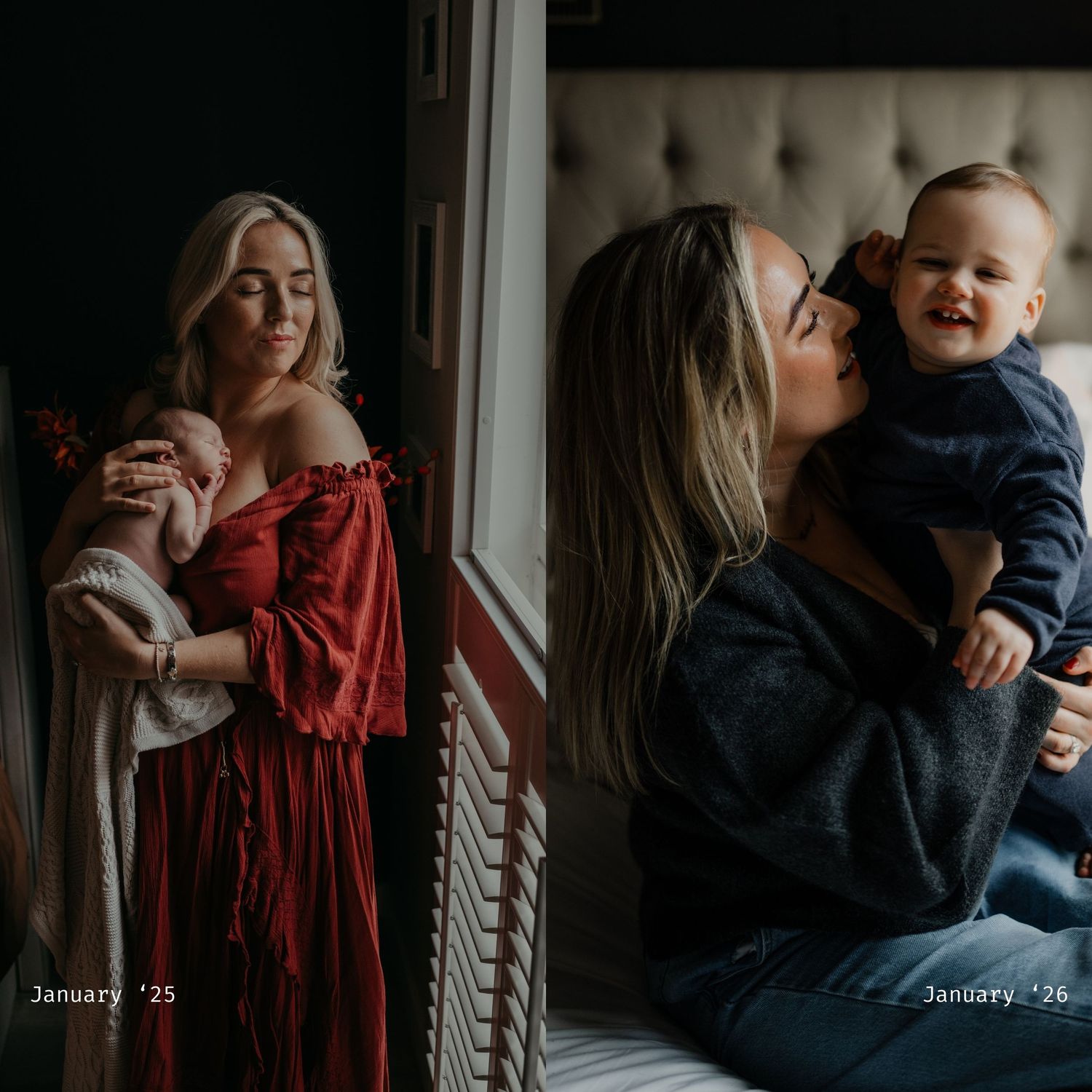 a before an after of a mother and her son from when he was a new born to one year old