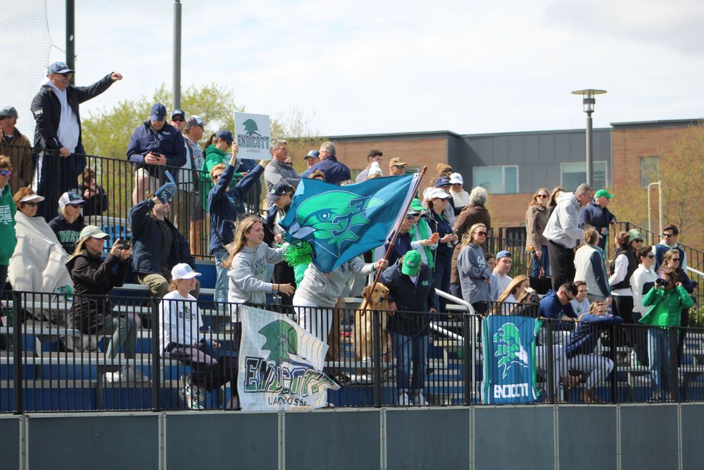 Enthusiastic fans wave flags and cheer from stadium bleachers during sporting event.