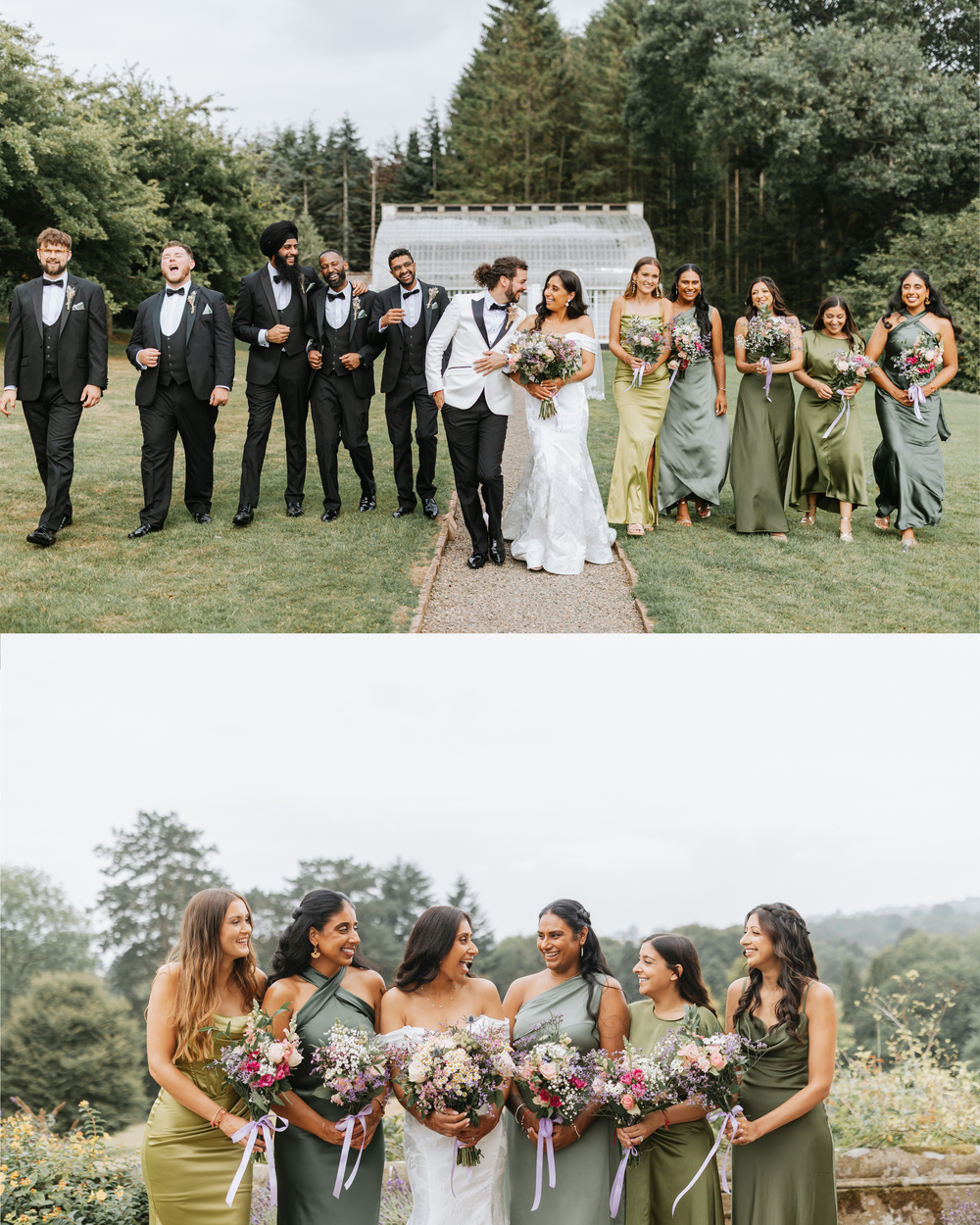 Wedding party in sage green dresses and black tuxedos poses together on a lush green lawn during an outdoor celebration.