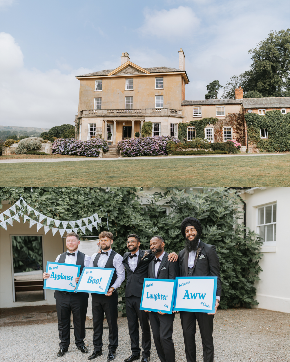 Wedding party members in formal attire pose together while holding blue letter signs on a sunny day at an elegant venue.