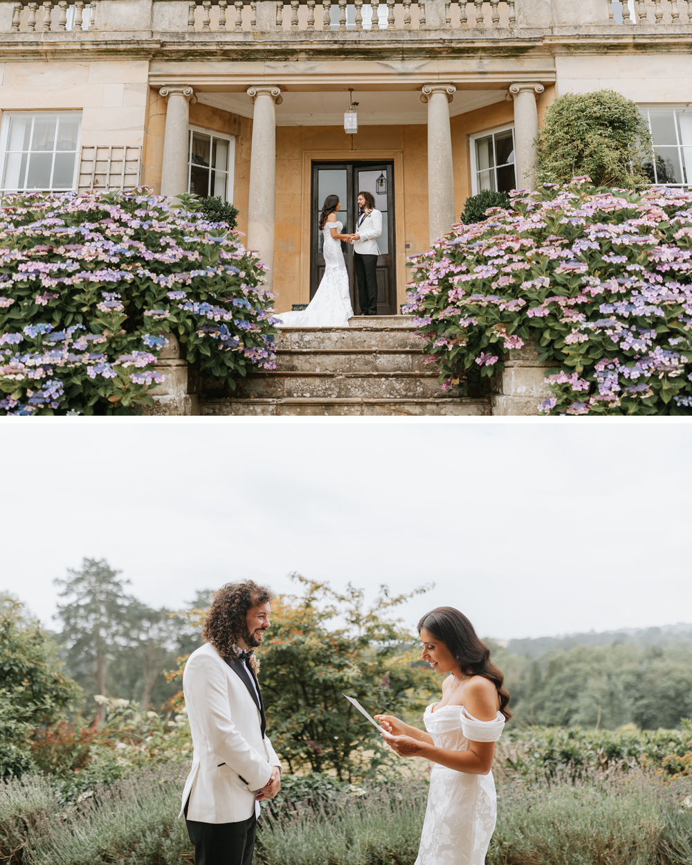 Elegant couple shares an intimate moment in a lush garden setting with blooming purple flowers and classic architecture.