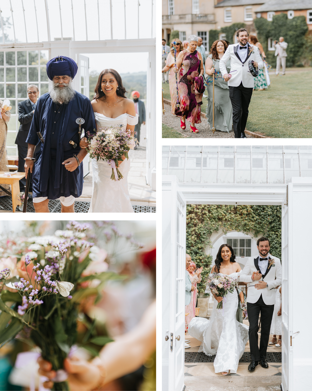 Elegant wedding celebration collage showing outdoor ceremony details, floral arrangements and intimate moments in natural settings.