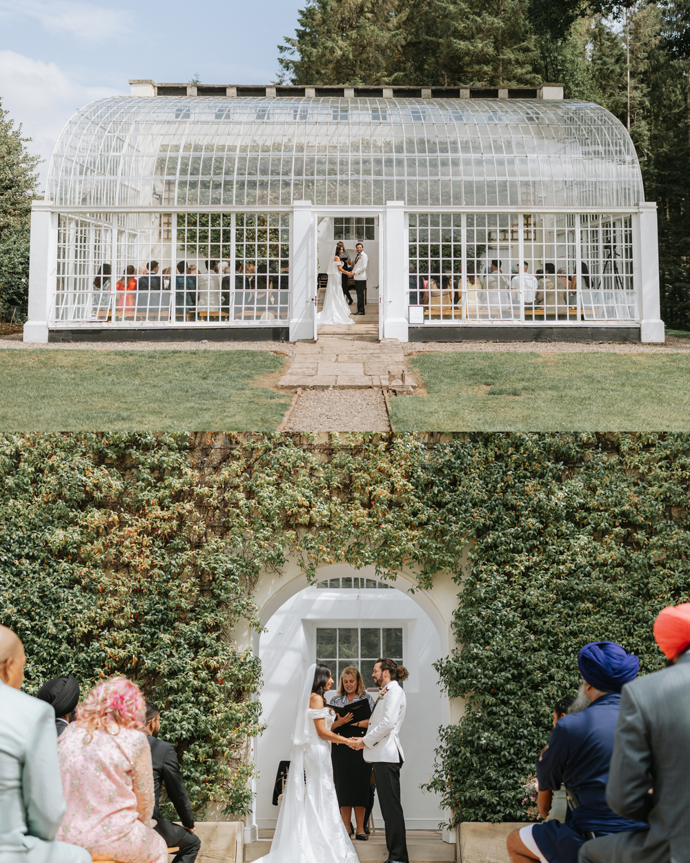 A series of elegant white greenhouse structures with glass panels line up along a manicured garden landscape.