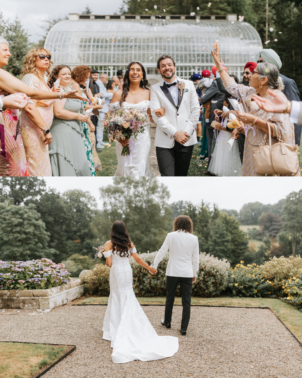 Wedding party celebrates with arms raised in joyful group photos at a greenhouse venue.