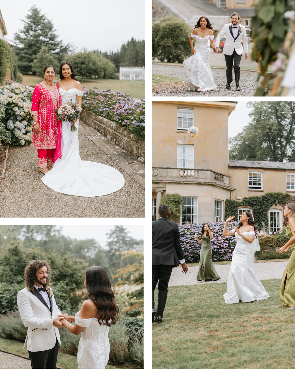 Wedding celebration at an elegant country estate with guests gathering on manicured grounds and stone architecture.