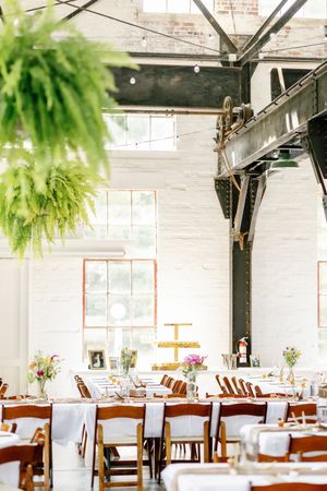 Industrial wedding venue with white walls, hanging plants and wooden chairs set for reception.