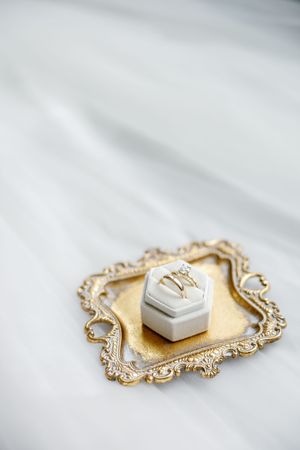 Elegant wedding ring box on ornate gold tray with decorative details.