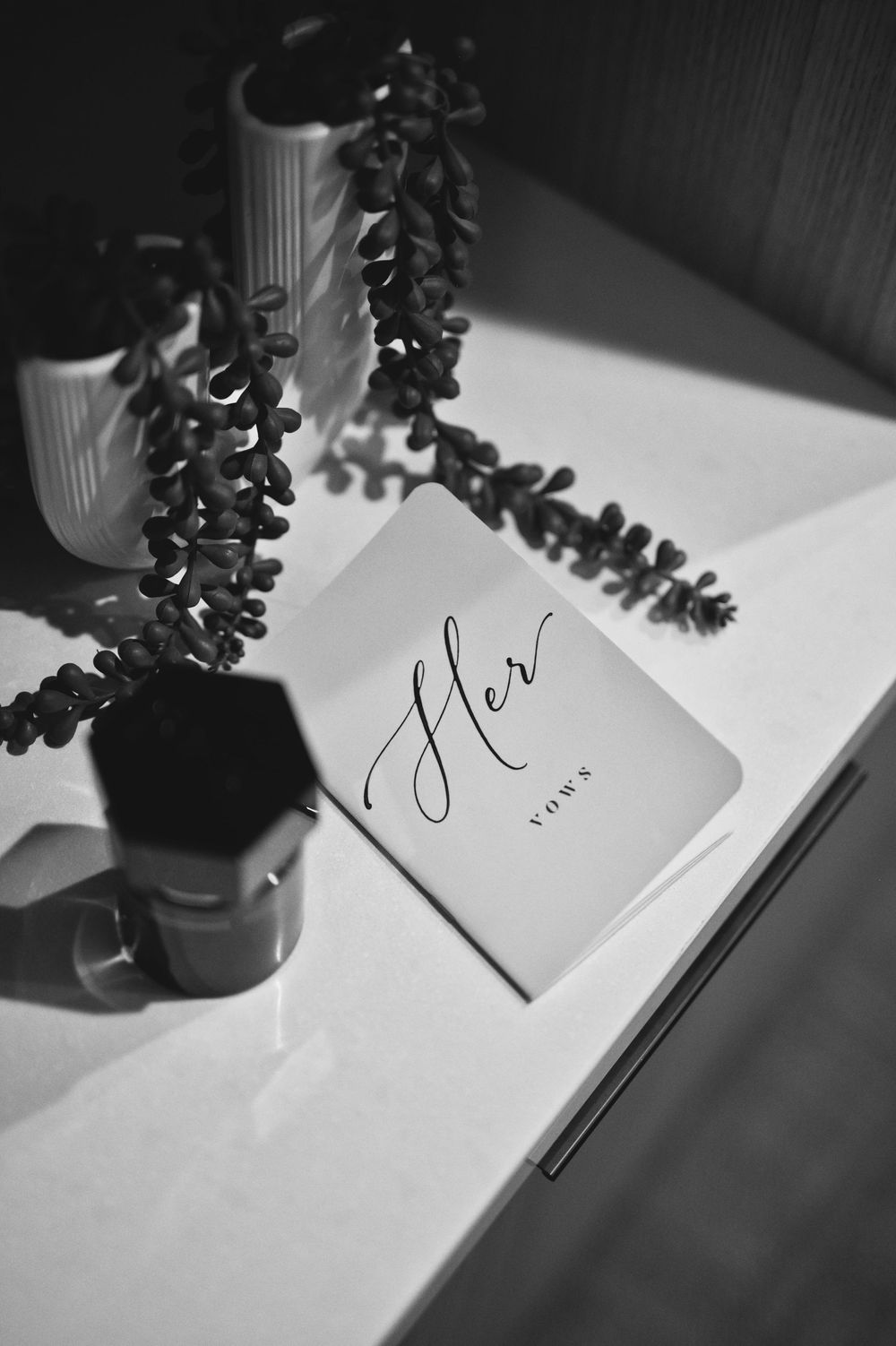Black and white minimalist composition showing a potted plant and handwritten text on white paper in dramatic lighting.