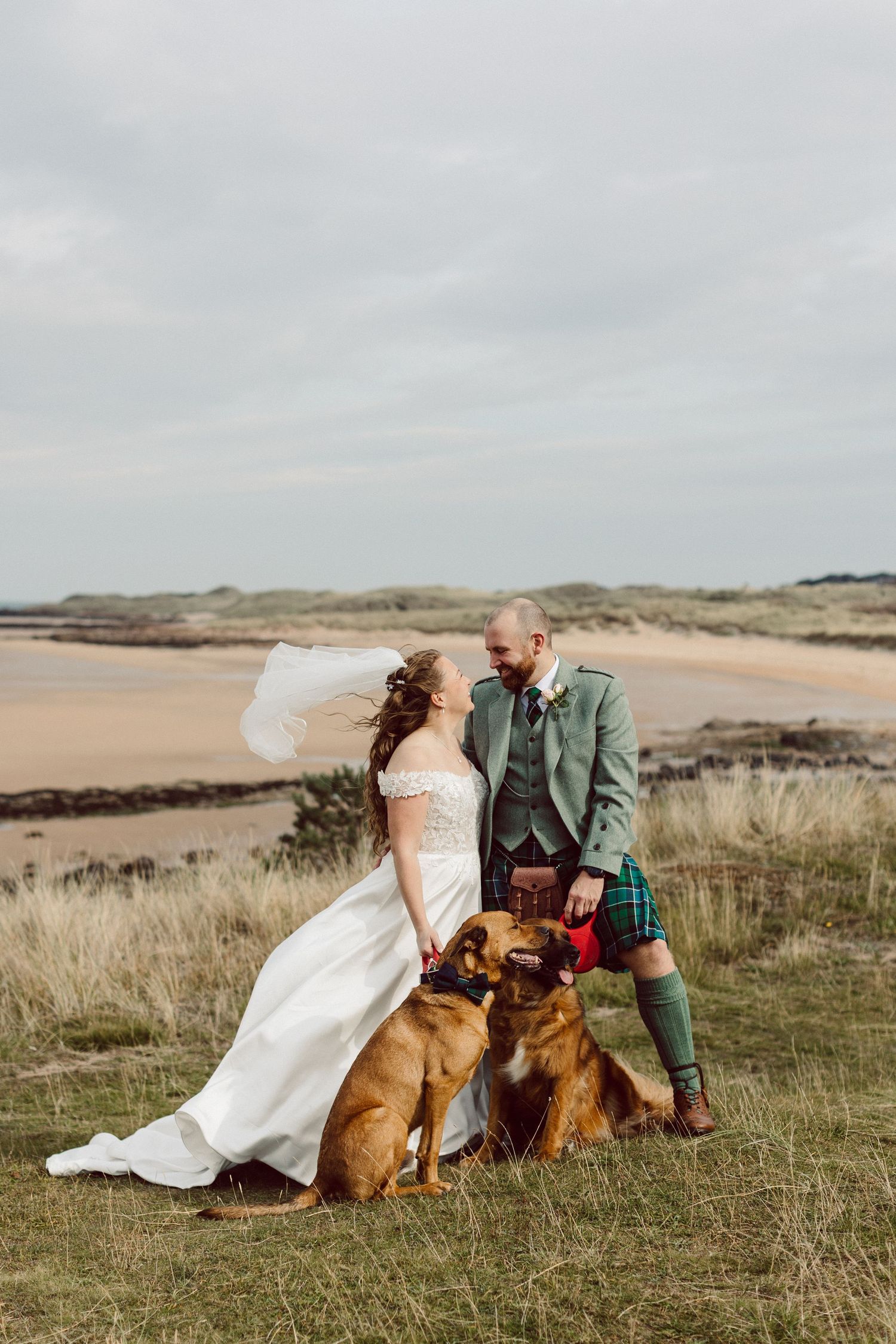 A wedding couple poses on a grassy hill overlooking a beach with their two dogs, featuring traditional Scottish attire.