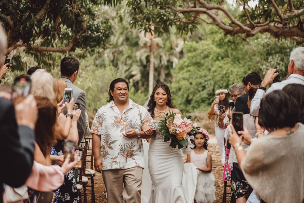 Wedding guests celebrate during an outdoor ceremony beneath towering trees.