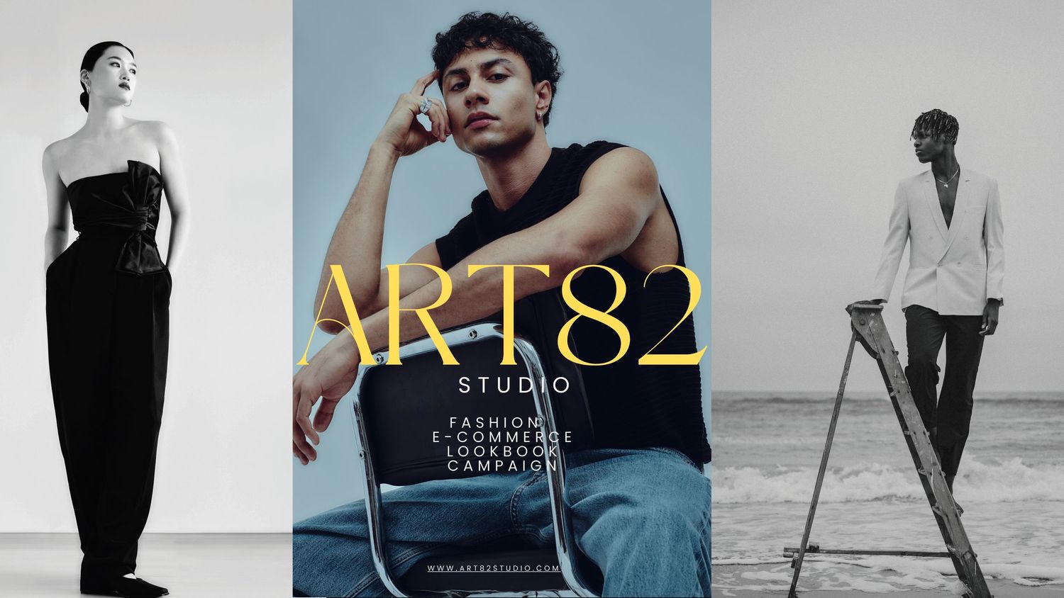 A fashion editorial collage featuring monochromatic portraits and poses against minimalist backgrounds.