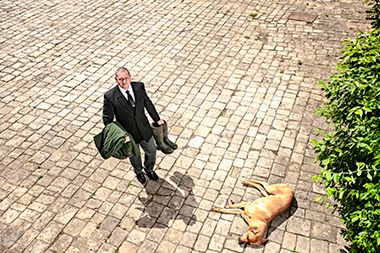 A sequence of photos shows someone slipping and falling on brick pavement while walking.