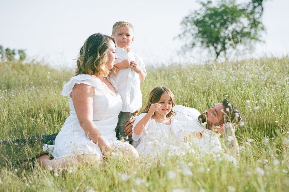 Family sitting together in a sunlit meadow with white wildflowers on a summer afternoon.