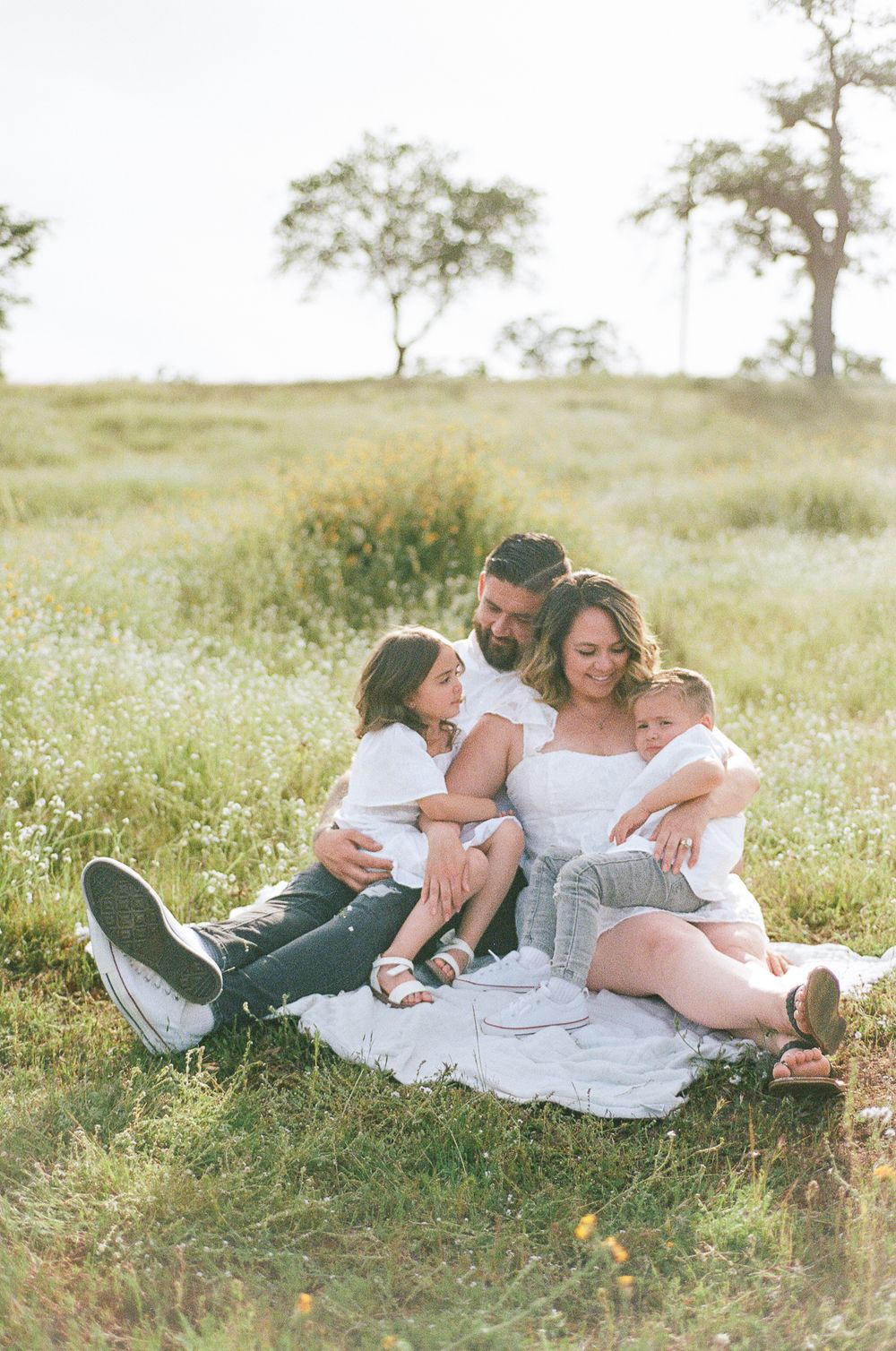 A family relaxes together on a blanket in a sunny meadow with tall grass and wildflowers.