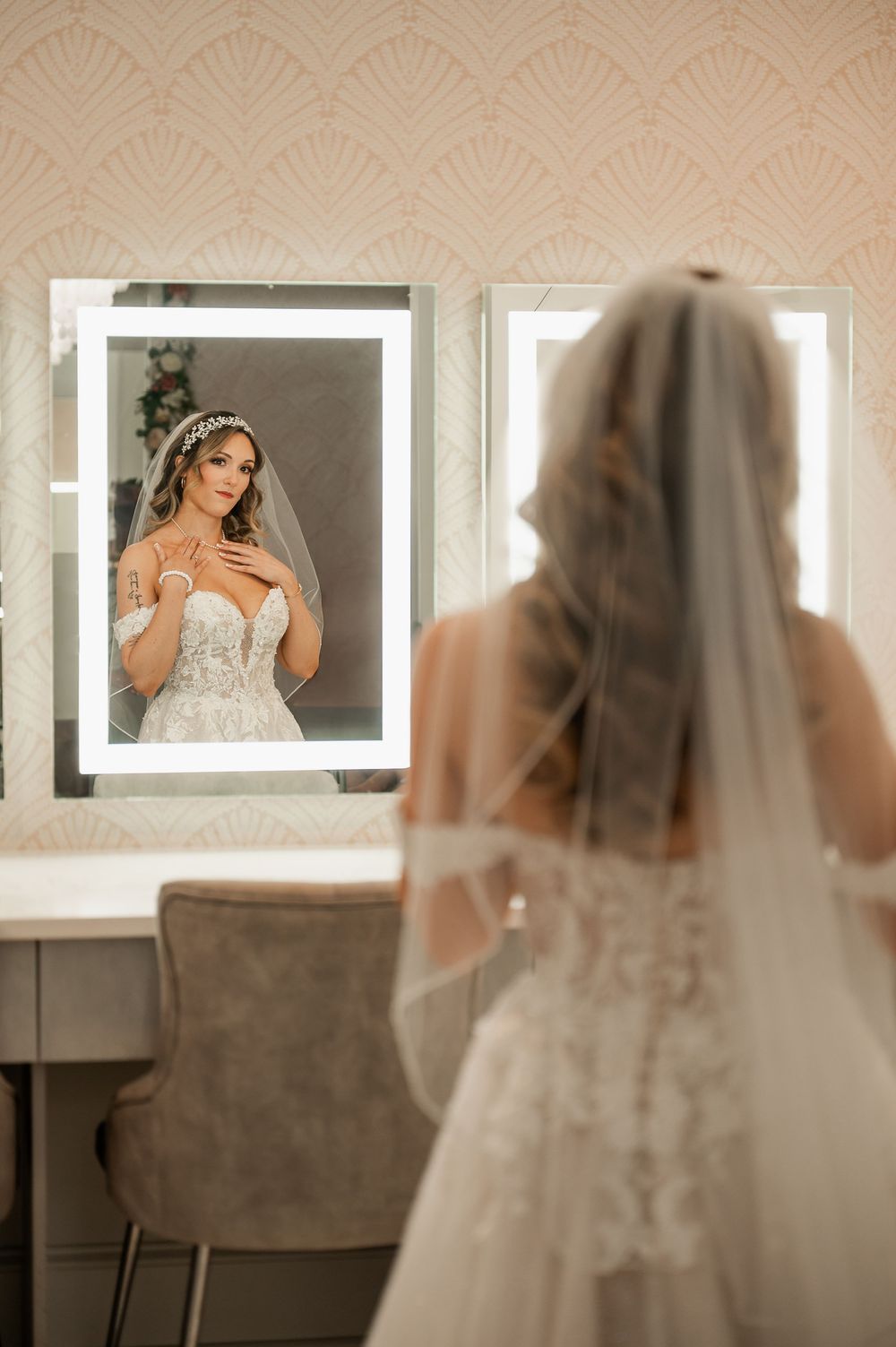 Series of mirror reflections showing a bride getting ready in a dressing room with illuminated mirrors.