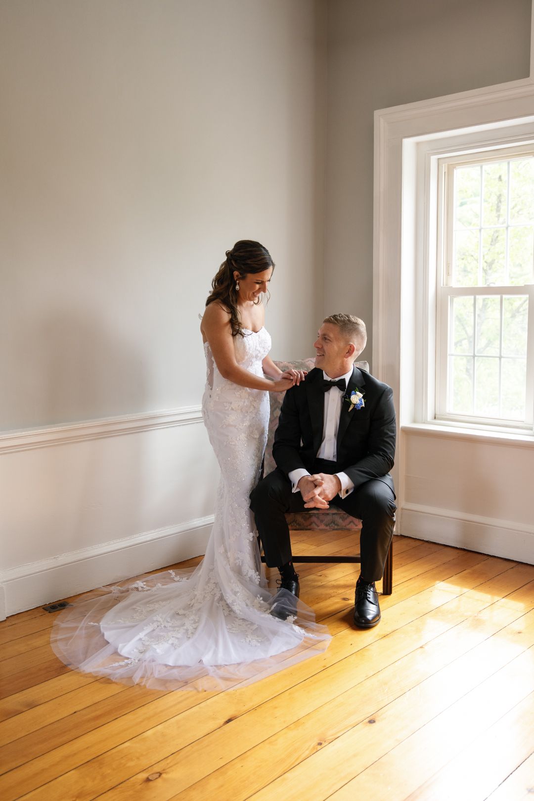 A sequence of photos showing emotional moments between a bride in a white dress and an older woman during wedding preparations.