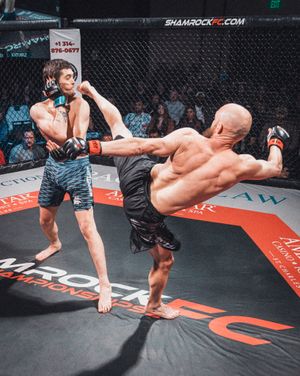 Dynamic leg sweep takedown attempt during MMA fight in octagon cage. live event photography st louis.