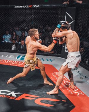 Two MMA fighters exchange strikes in an octagon cage during an intense mixed martial arts match. live event photography st louis.