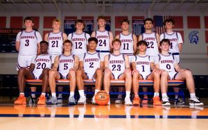 Hershey High School boys basketball team group photo in gym, team photo day by SportsFox Photography.