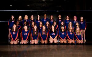Hershey High School girls volleyball team group portrait in gym, team photo day by SportsFox Photography.