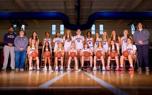 Hershey Middle School girls basketball team group photo in gym, team photo day by SportsFox Photography, Hershey PA.