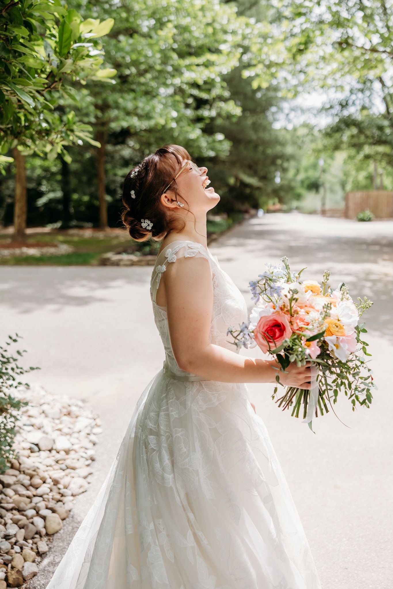 Bride laughing and looking joyful and beautiful at The Inn at Oneonta in Northern Kentucky.