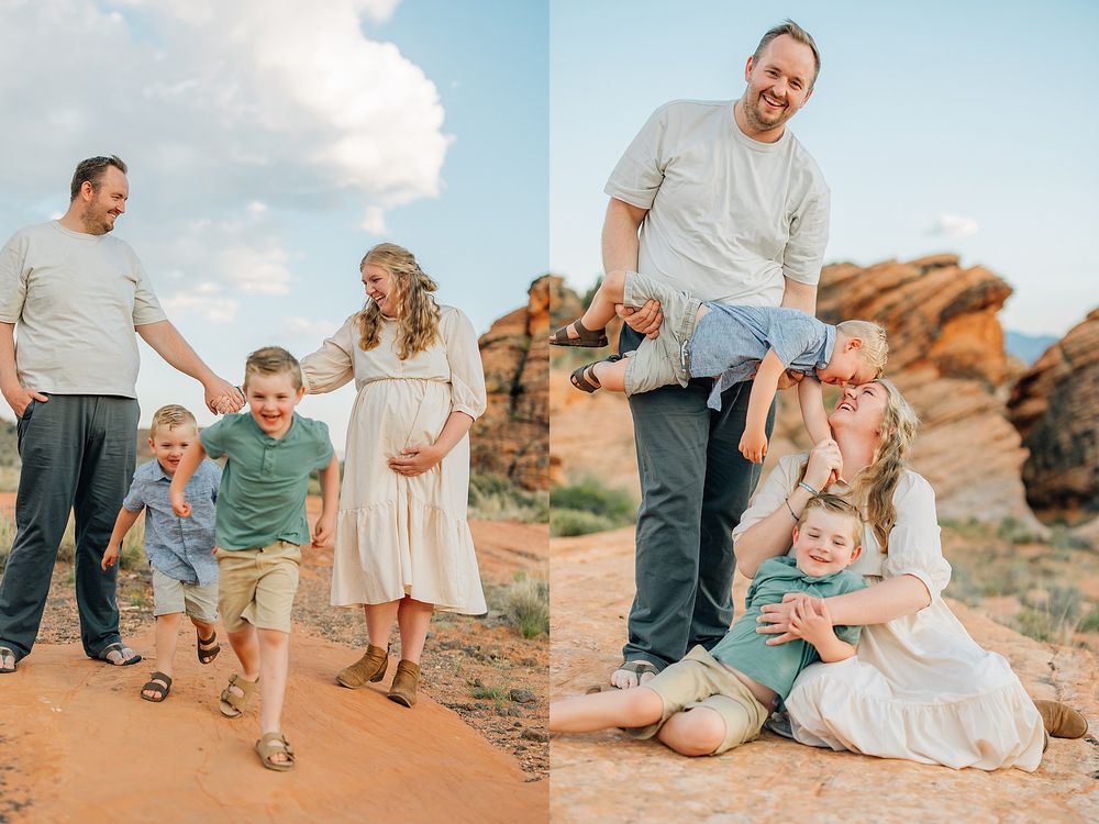 Group enjoying a playful moment together while exploring red rock formations in a desert landscape at sunset.