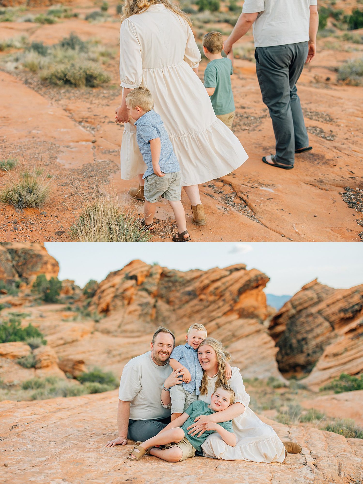 Family walking together on red desert trail with scenic rock formations at Arches National Park in Utah.