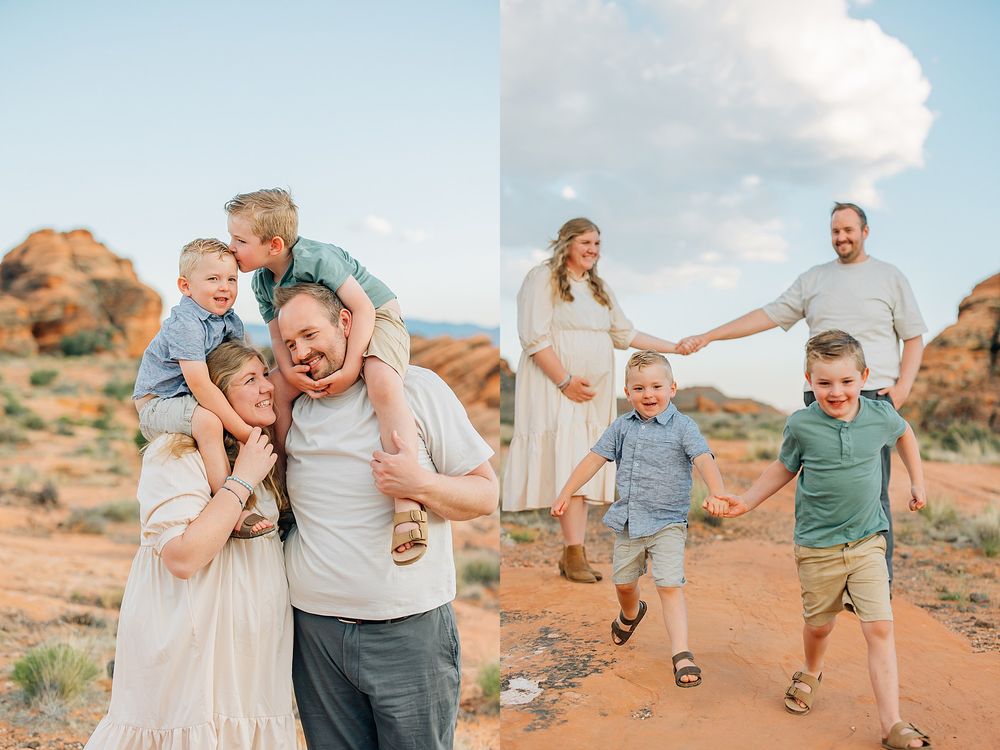A family shares joyful moments together while posing against stunning red rock formations in a desert landscape.