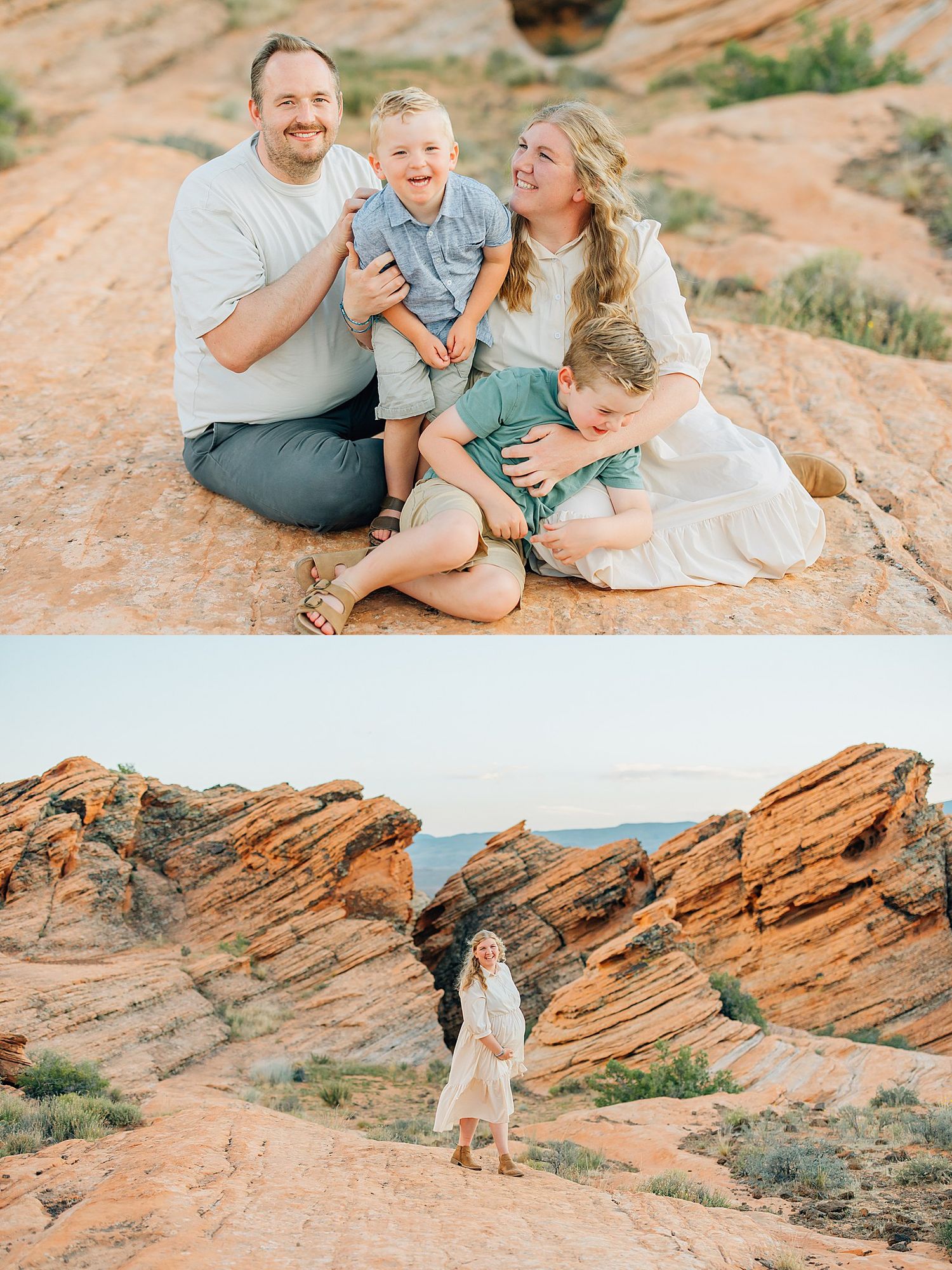 A group poses together against stunning red rock formations in a desert landscape at sunset.