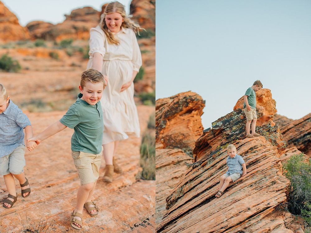 A sequence of playful moments on red rock formations in a desert landscape during sunset.