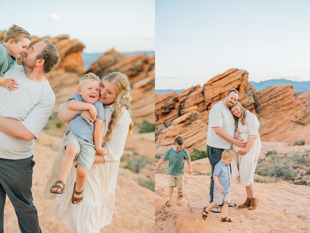 A couple shares intimate moments during their engagement photoshoot among the red rocks at Valley of Fire State Park.