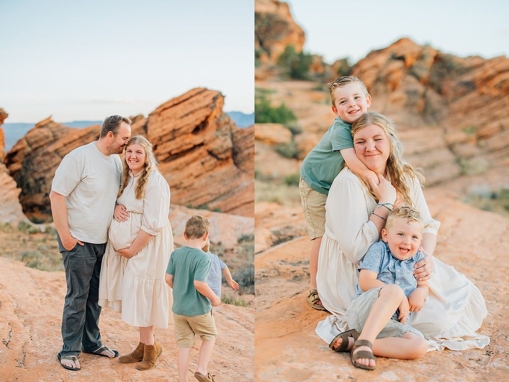 A series of candid family photos captured against stunning red rock formations in a desert landscape at sunset.