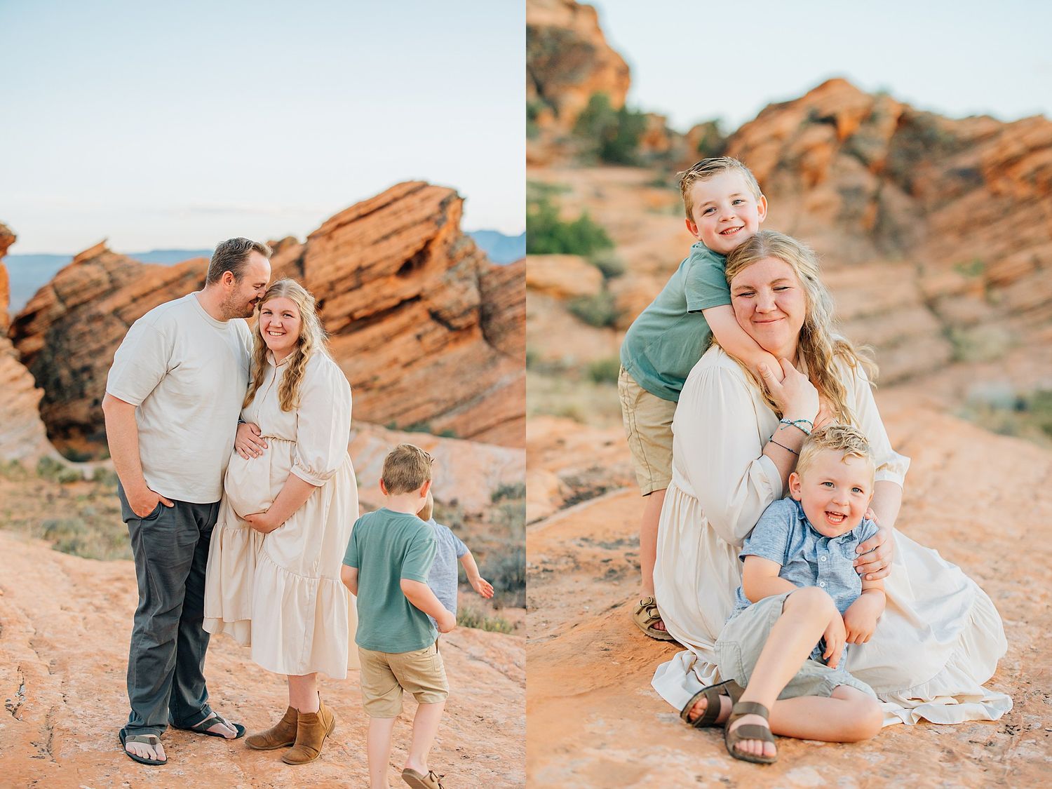 A series of candid family photos captured against stunning red rock formations in a desert landscape at sunset.