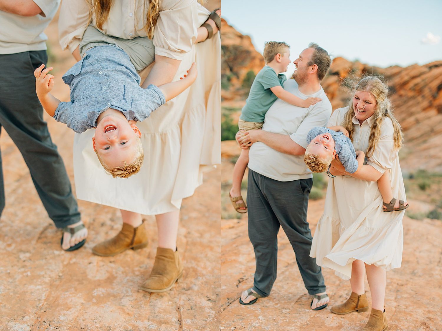 A series of candid family photos taken against a scenic desert landscape with warm red rock formations in the background.