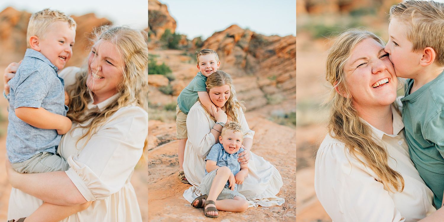 A loving couple shares tender moments with their baby during a sunset photoshoot in a desert landscape setting.