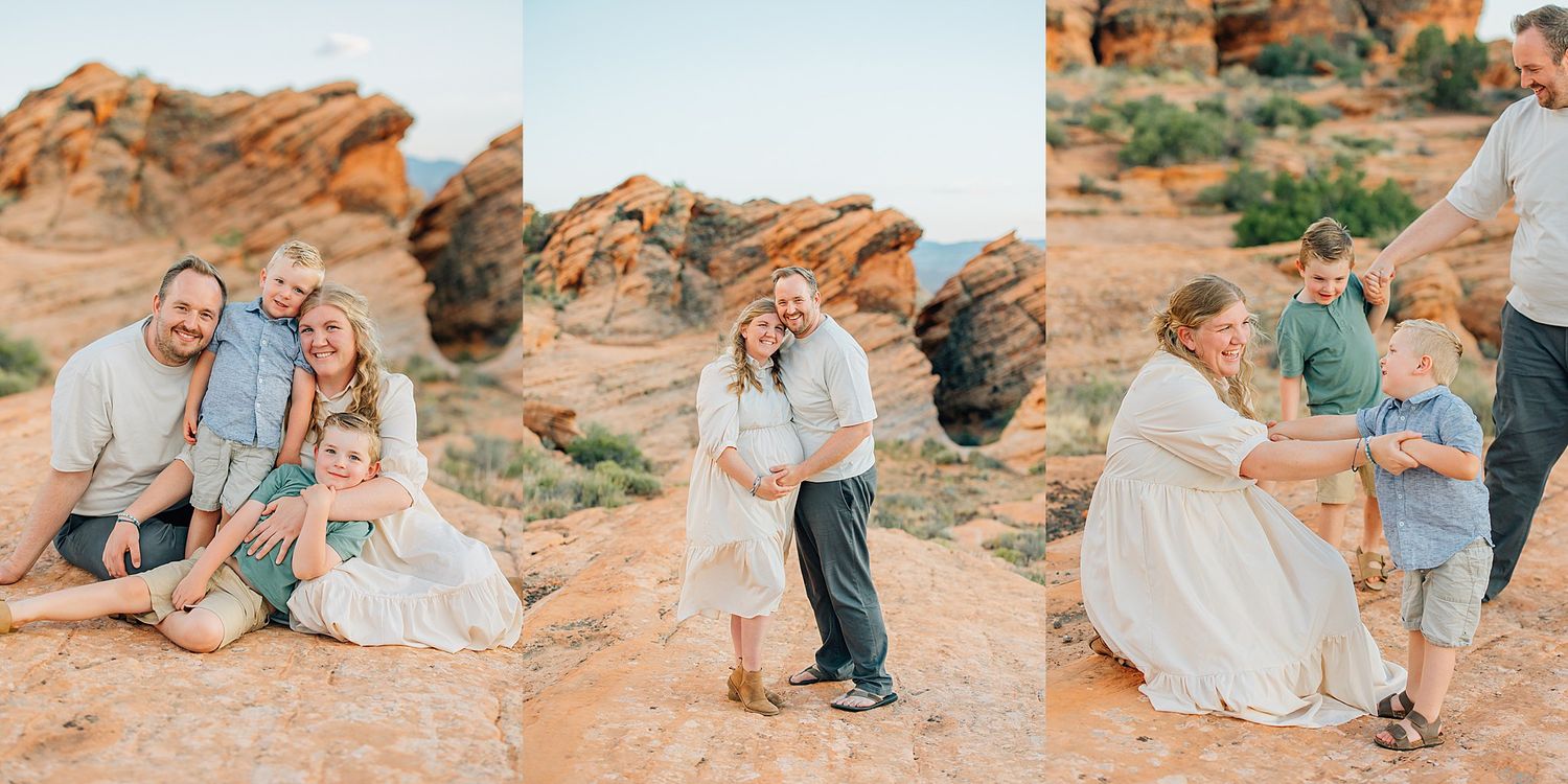 Three candid lifestyle photos of couples enjoying a romantic moment among red rock formations in a desert landscape.