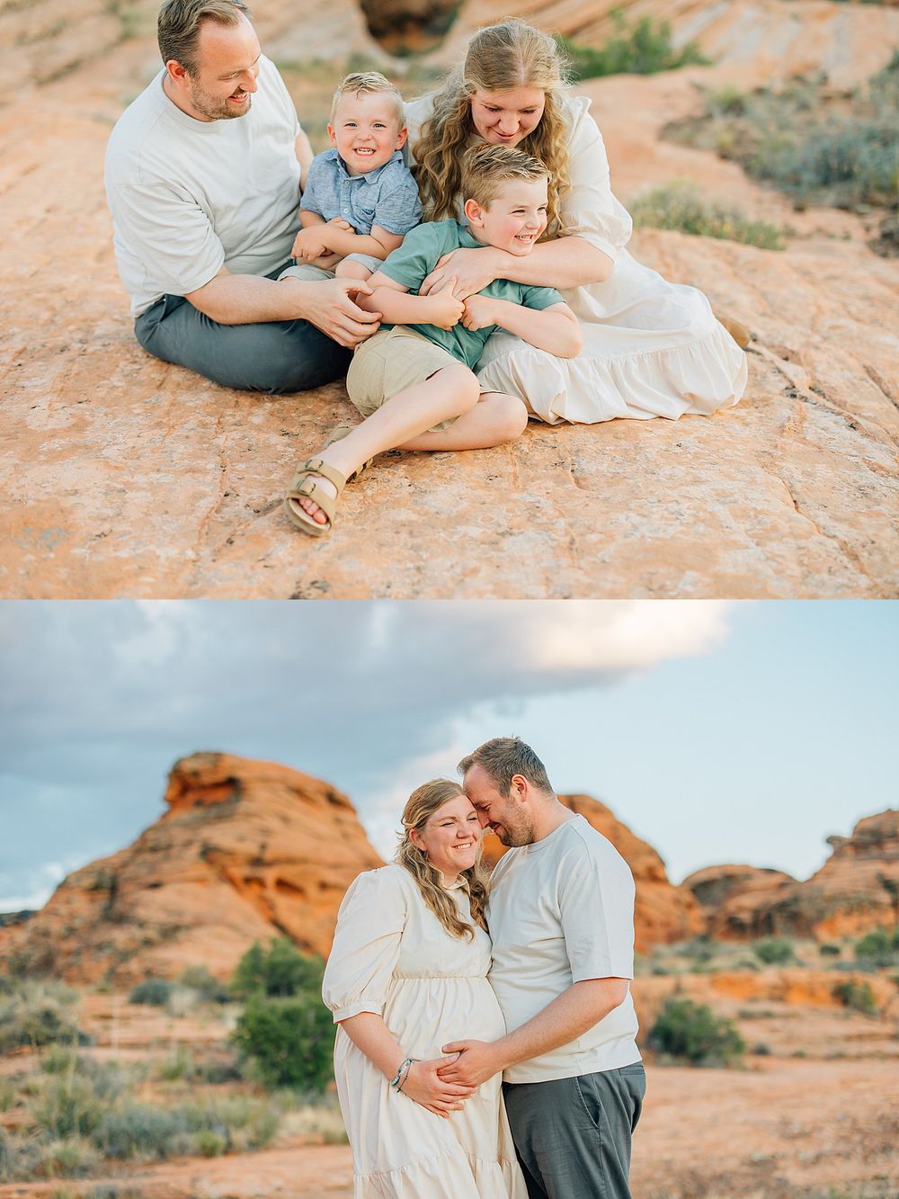 A family shares tender moments together while exploring red rock formations in a desert landscape at sunset.