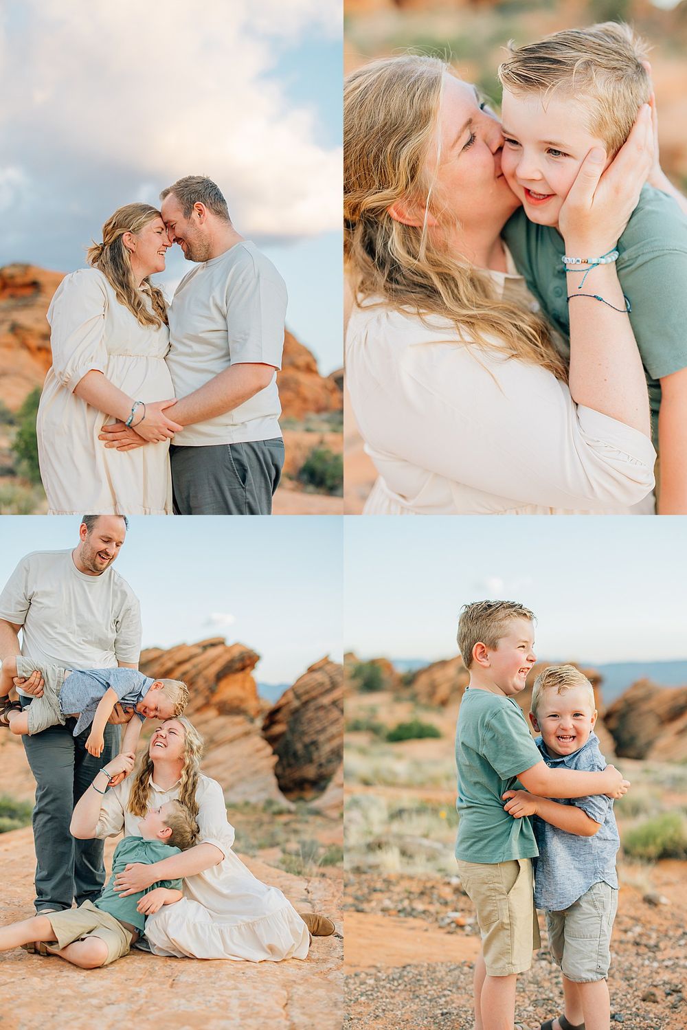 A family shares joyful moments together during a sunset photoshoot among red rock formations in the desert.