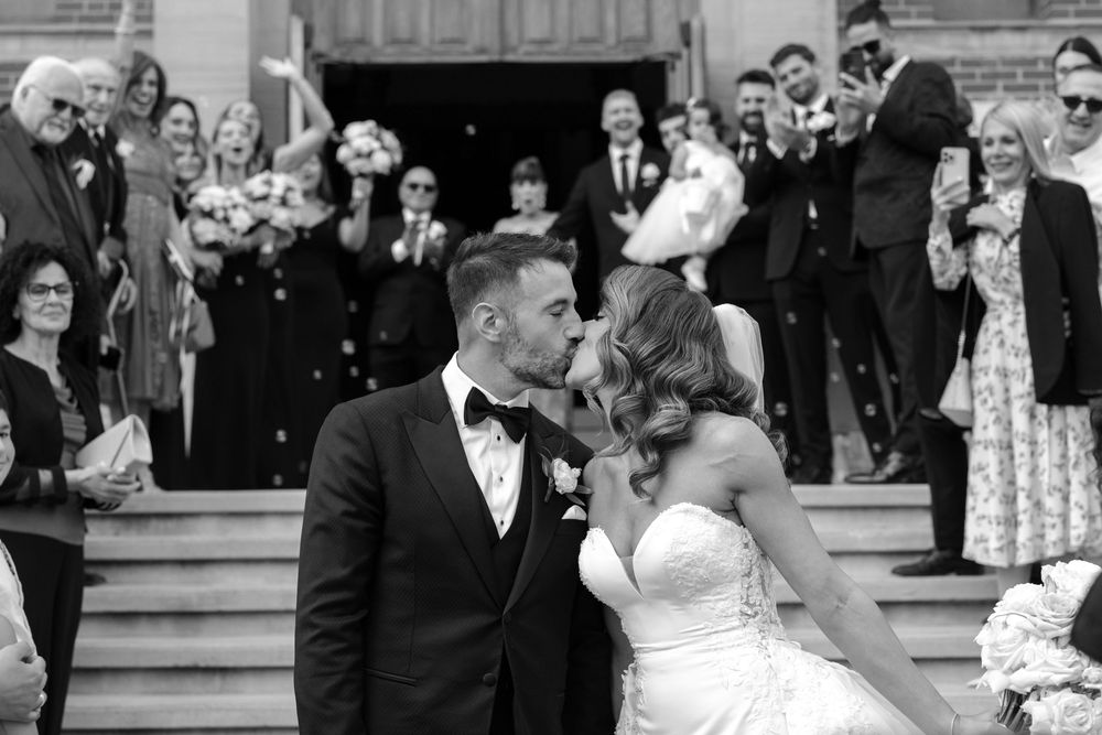 A series of wedding photos showing couples dancing and celebrating at their receptions in formal attire.