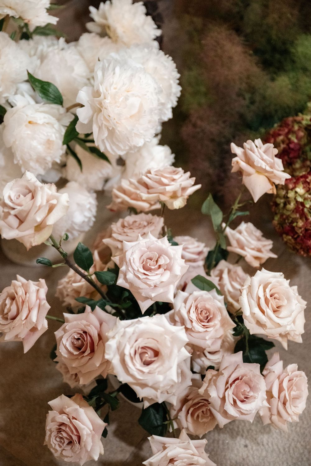 Delicate blush pink roses with soft petals arranged in a romantic display against a dark background.