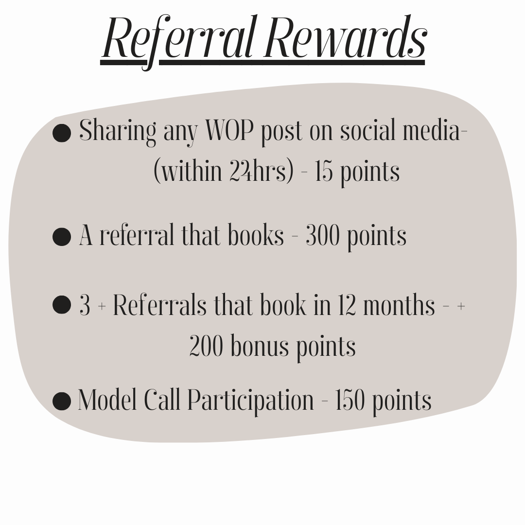 A beige circular design showing referral rewards points system with different tiers for social media sharing and bookings.